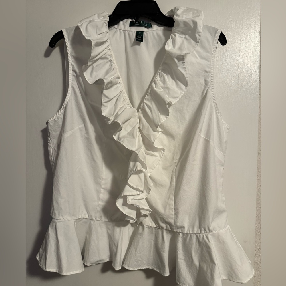 Ralph Lauren Ruffle-Trim Cotton Sleeveless Top, White, size 16